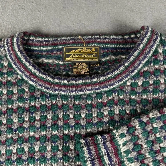 Vtg Eddie Bauer Mens XL 100% Wool Chunk Knit Sweater Green Burgundy Crew Neck - Picture 5 of 14
